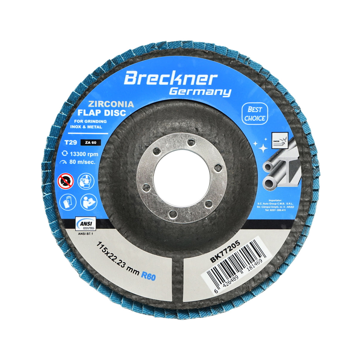 Zirconium abrasive flap disc for metal and stainless steel P60, 115mm Breckner Germany